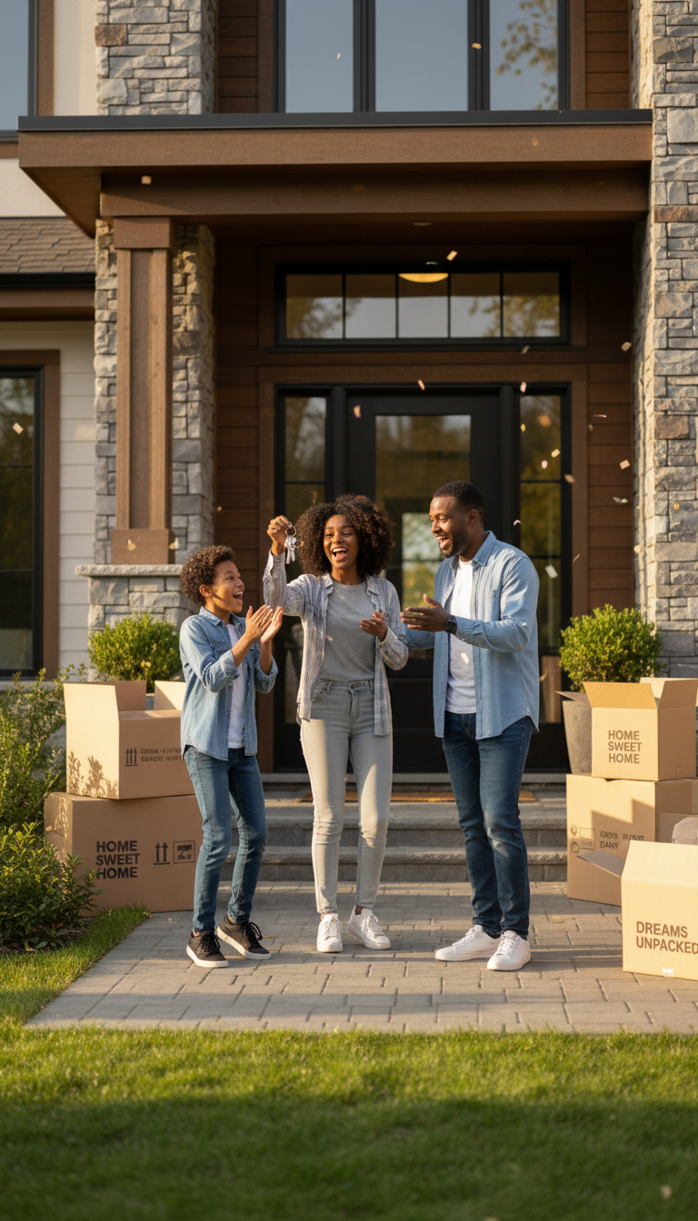 Happy family receiving house keys at their new Solano County home