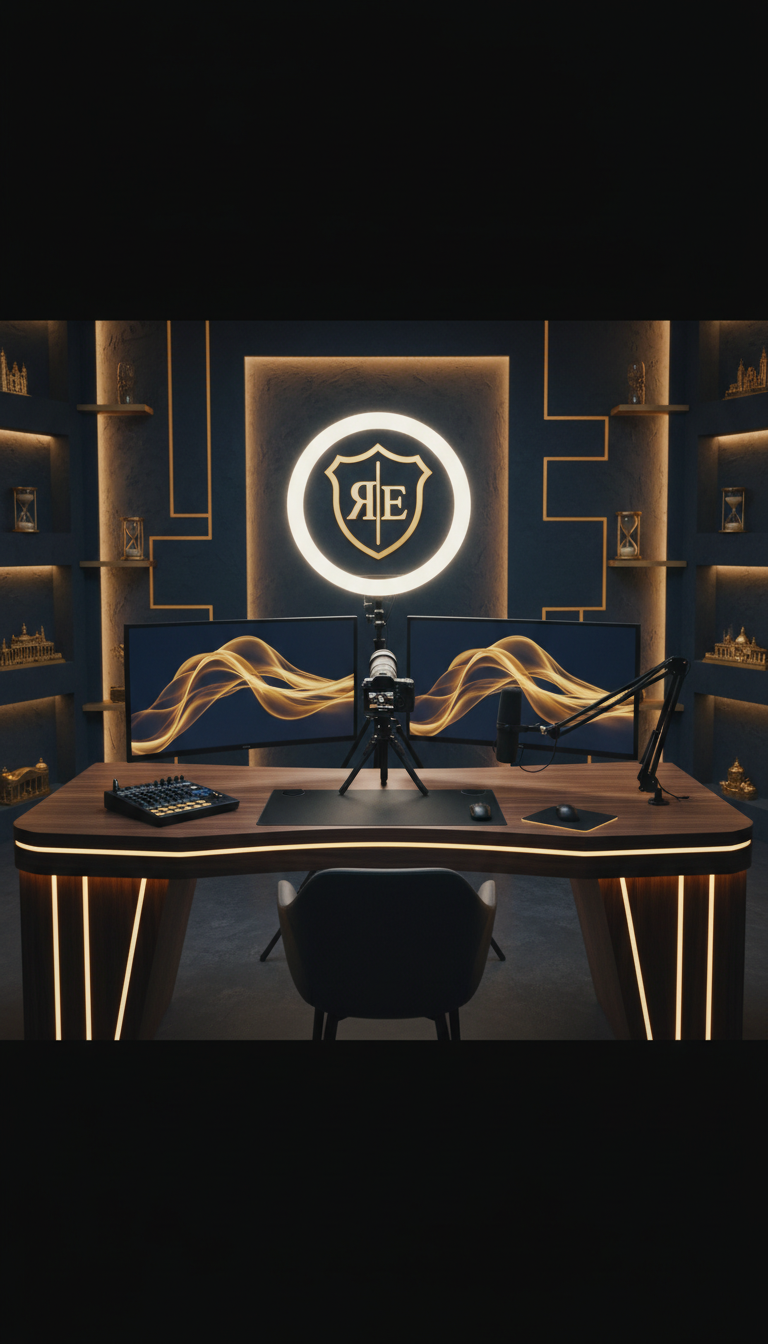 Professional live-stream studio setup with modern desk and camera equipment