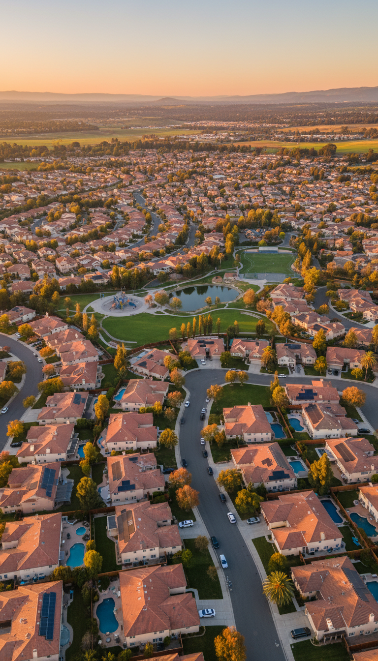 Aerial view of Solano County residential neighborhood at golden hour