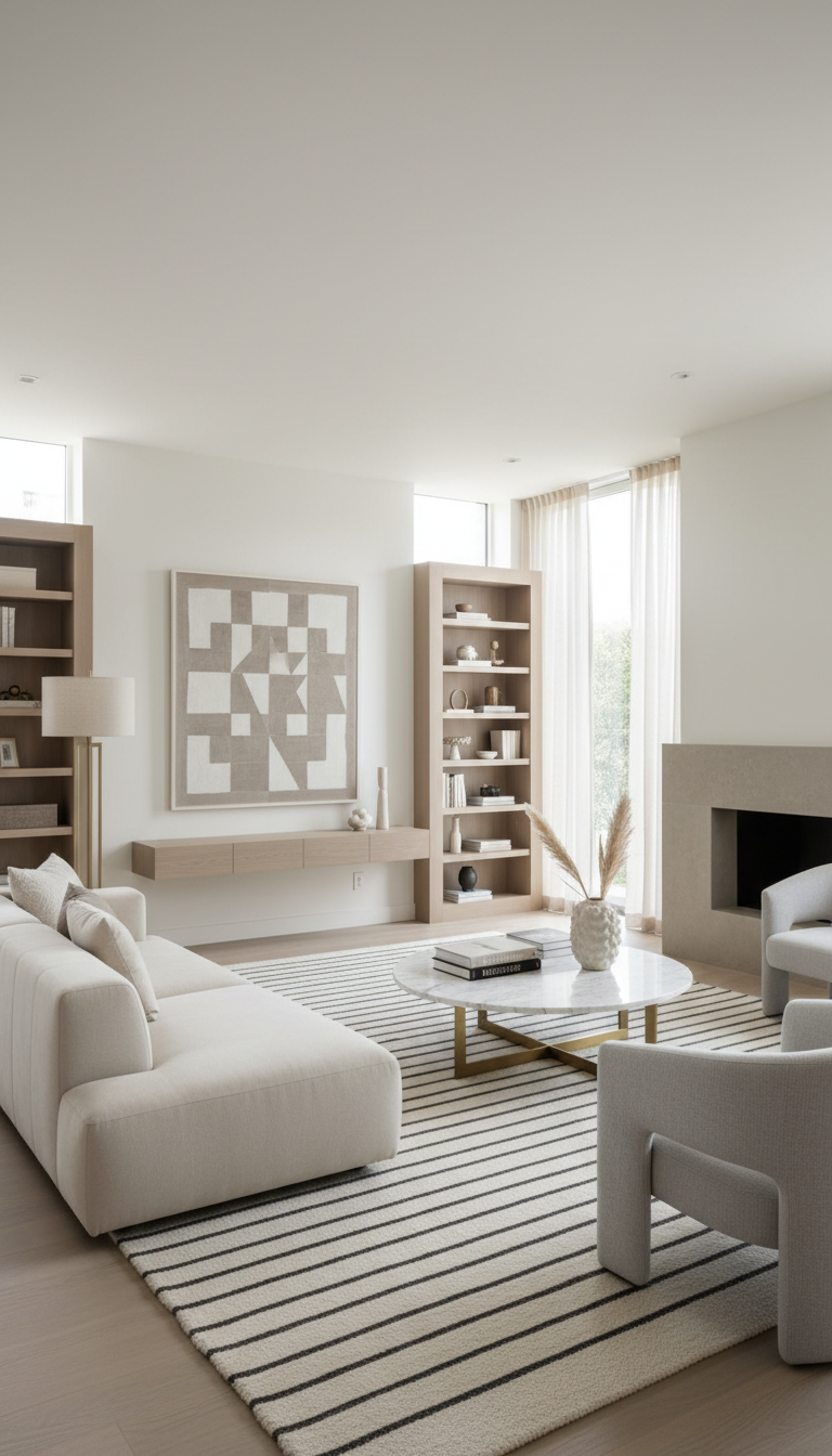 Professional home staging with modern furniture and neutral palette
